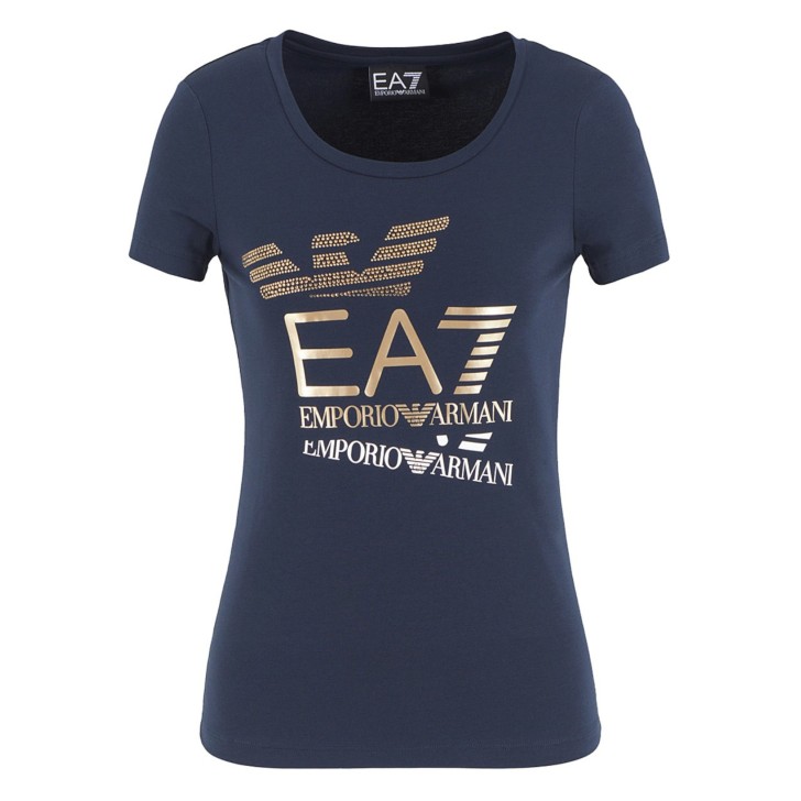 EA7 EMPORIO ARMANI T-SHIRT A MANICA CORTA IN COTONE BLUE CON MAXI LOGO LETTERING STAMPATO E IN STRASS 