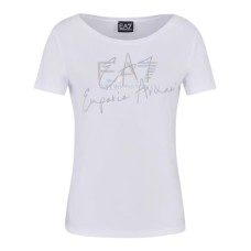 EA7 EMPORIO ARMANI T-SHIRT GIROCOLLO A MANICA CORTA WHITE IN COTONE STRETCH CON LOGO LETTERING RICAMATO E EFFETTO METAL SILVER