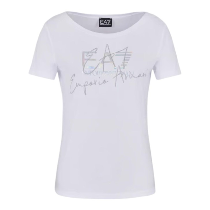 EA7 EMPORIO ARMANI T-SHIRT GIROCOLLO A MANICA CORTA WHITE IN COTONE STRETCH CON LOGO LETTERING RICAMATO E EFFETTO METAL SILVER