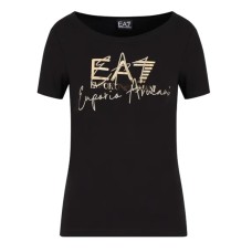 EA7 EMPORIO ARMANI T-SHIRT GIROCOLLO A MANICA CORTA BLACK IN COTONE STRETCH CON LOGO LETTERING RICAMATO E EFFETTO METAL GOLD