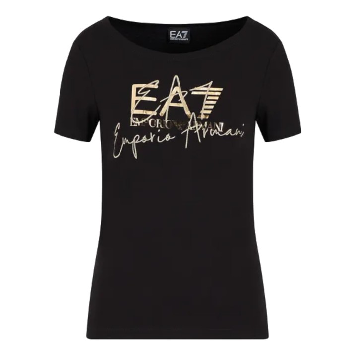 EA7 EMPORIO ARMANI T-SHIRT GIROCOLLO A MANICA CORTA BLACK IN COTONE STRETCH CON LOGO LETTERING RICAMATO E EFFETTO METAL GOLD