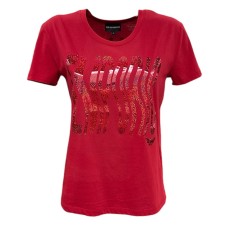 EMPORIO ARMANI T-SHIRT IN COTONE A MANICA CORTA RED CON MAXI LOGO GETTERING GLITTER