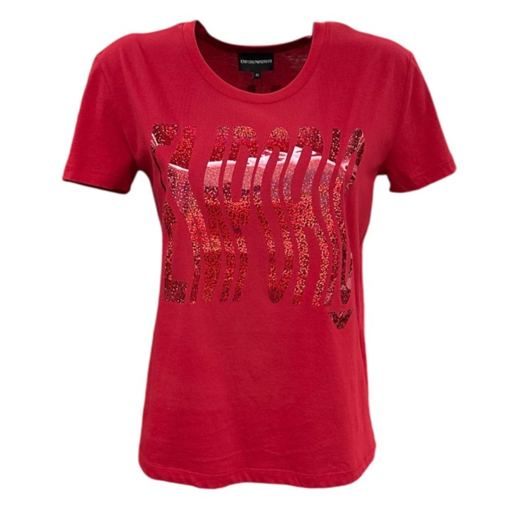 EMPORIO ARMANI T-SHIRT IN COTONE A MANICA CORTA RED CON MAXI LOGO GETTERING GLITTER