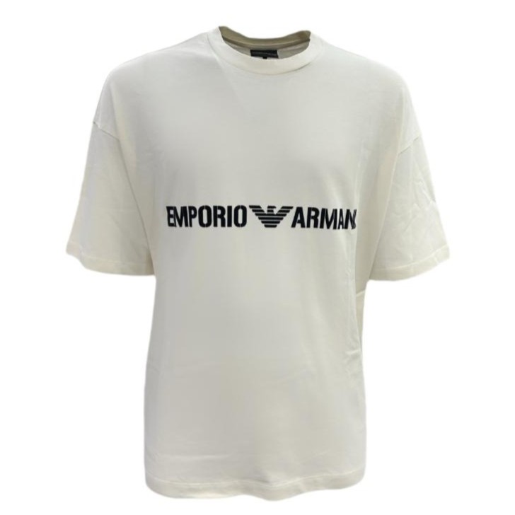 EMPORIO ARMANI T-SHIRT OVERSIZE A MANICA CORTA IN COTONE VANILLA CON LOGO LETTERING BLACK