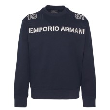 EMPORIO ARMANI SWEATSHIRT GIROCOLLO IN COTONE BLU NAVY CON MAXI LOGO LETTERING RICAMATO IVORY 