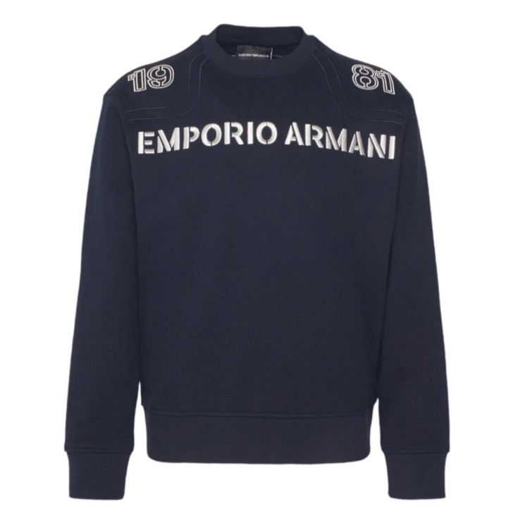 EMPORIO ARMANI SWEATSHIRT GIROCOLLO IN COTONE BLU NAVY CON MAXI LOGO LETTERING RICAMATO IVORY 