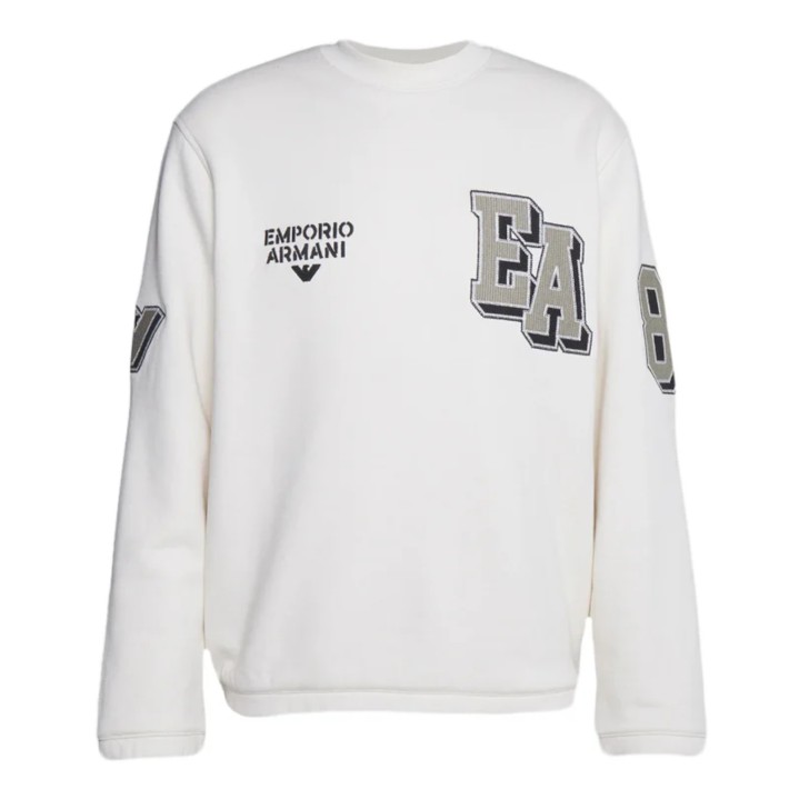 EMPORIO ARMANI SWEATSHIRT GIROCOLLO IN COTONE VANIGLIA CON MAXI PATCH LOGO RICAMATO	