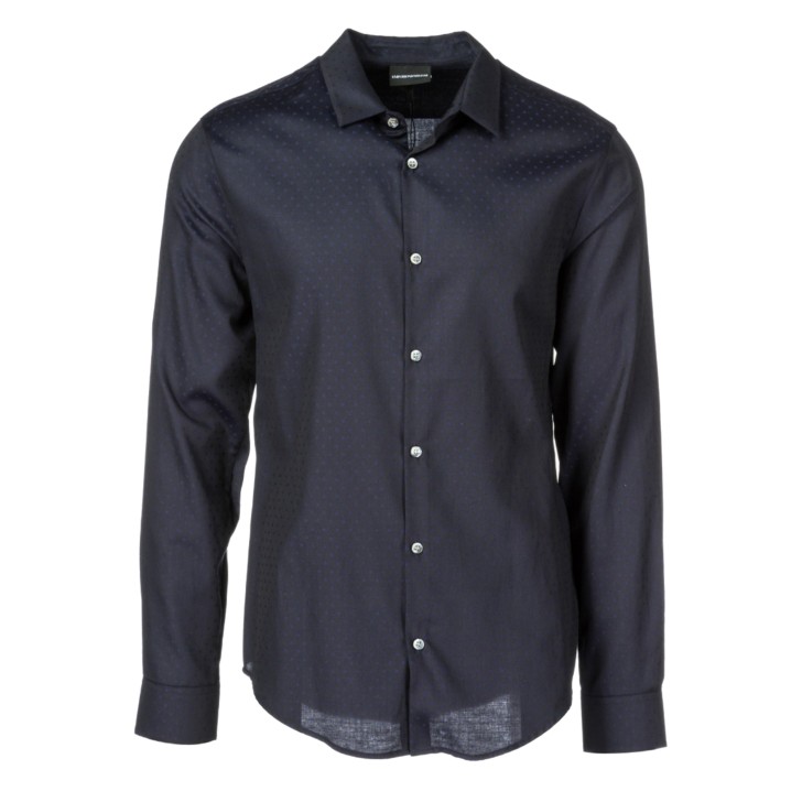 EMPORIO ARMANI CAMICIA IN COTONE A MANICA LUNGA SLIM FIT BLU CON STAMPA POIS ALL OVER