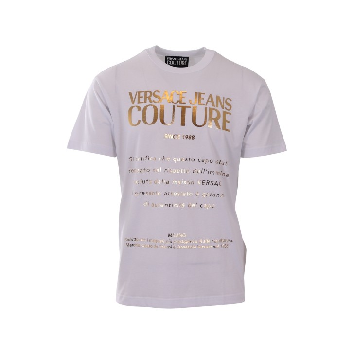 Versace Jeans Couture T-shirt Bianca da Uomo con logo stampato dorato nella parte anteriore