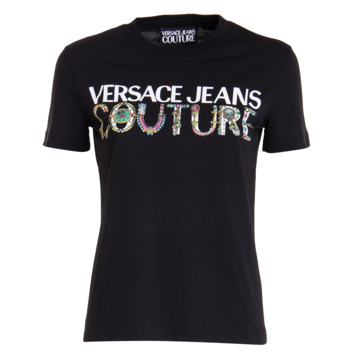 VERSACE JEANS COUTURE T-SHIRT IN JERSEY DI COTONE BLACK A MANICA CORTA CON LETTERING WHITE E MULTICOLOR 