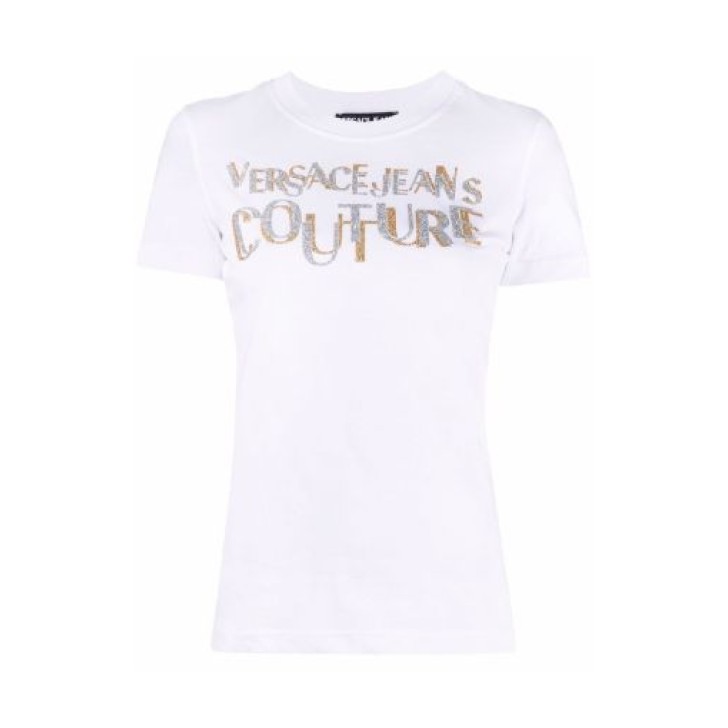 Versace Jeans Couture T-shirt Bianca da Donna con Logo glitterato nella parte anteriore
