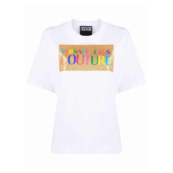 Versace Jeans Couture T-shirt da Donna Bianca con Logo glitterato nella parte anteriore