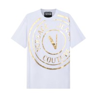 VERSACE JEANS COUTURE T-SHIRT IN JERSEY DI COTONE WHITE A MANICA CORTA CON MAXI STAMPA CENTERED VEMBLEM GOLD