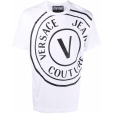 VERSACE JEANS COUTURE T-SHIRT IN JERSEY DI COTONE WHITE A MANICA CORTA CON MAXI STAMPA CENTERED VEMBLEM BLACK