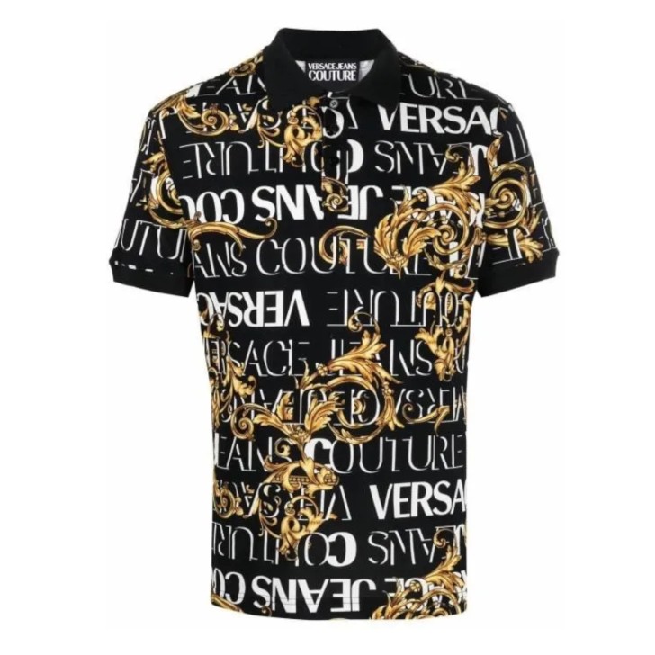 VERSACE JEANS COUTURE POLO IN COTONE A MANICA CORTA BLACK CON STAMPA BAROCCO ALL OVER