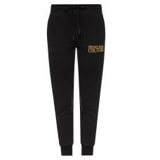 VERSACE JEANS COUTURE PANTALONE JOGGER BLACK DA DONNA CON LOGO LETTERING RICAMATO GOLD