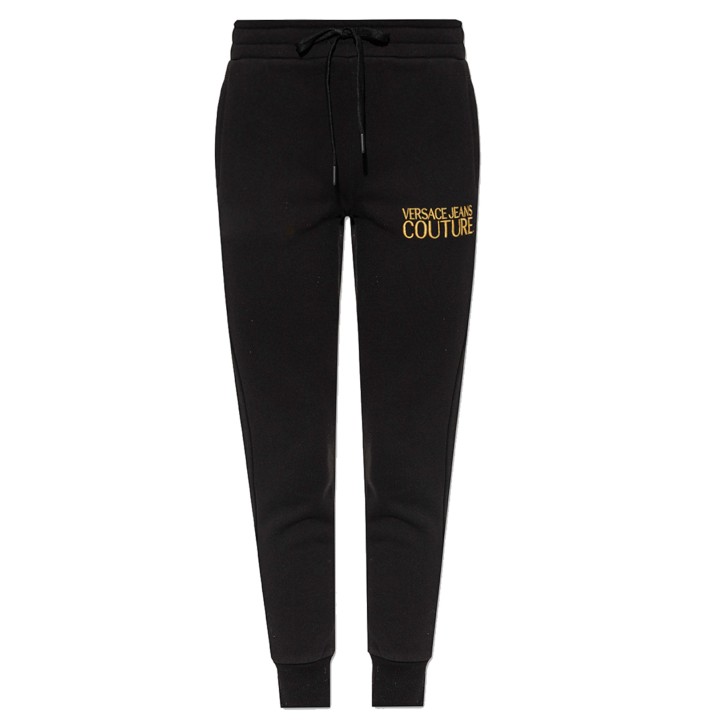 VERSACE JEANS COUTURE PANTALONE JOGGER BLACK DA DONNA CON LOGO LETTERING RICAMATO GOLD