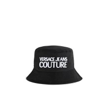 VERSACE JEANS COUTURE CAPPELLO ALLA PESCATORA UNISEX IN COTONE BLACK CON LOGO LETTERING RICAMATO WHITE