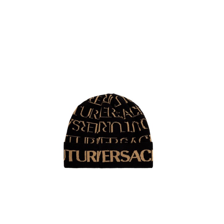 VERSACE JEANS COUTURE CAPPELLO UNISEX BLACK IN MISTO LANA CON LOGO LETTERING GOLD LUREX ALL OVER