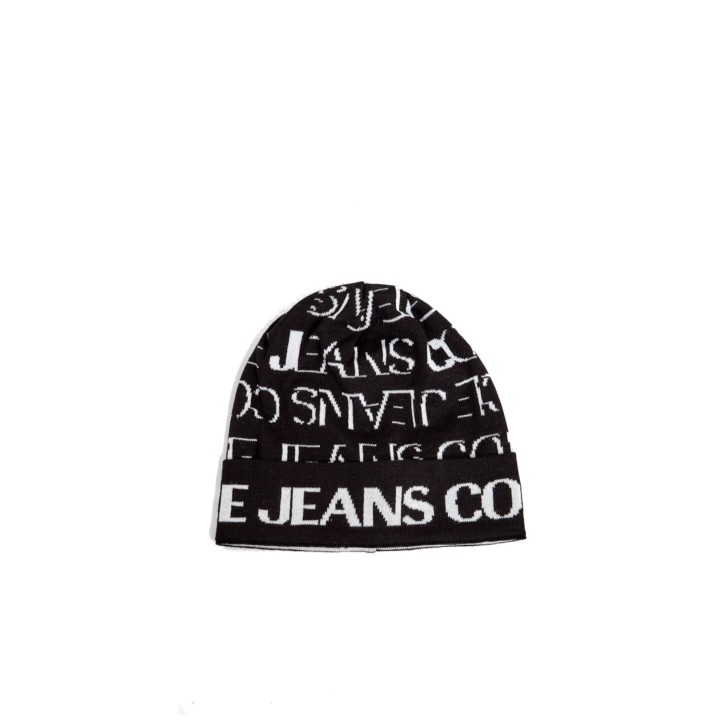 VERSACE JEANS COUTURE CAPPELLO UNISEX BLACK IN MISTO LANA CON LOGO LETTERING WHITE ALL OVER