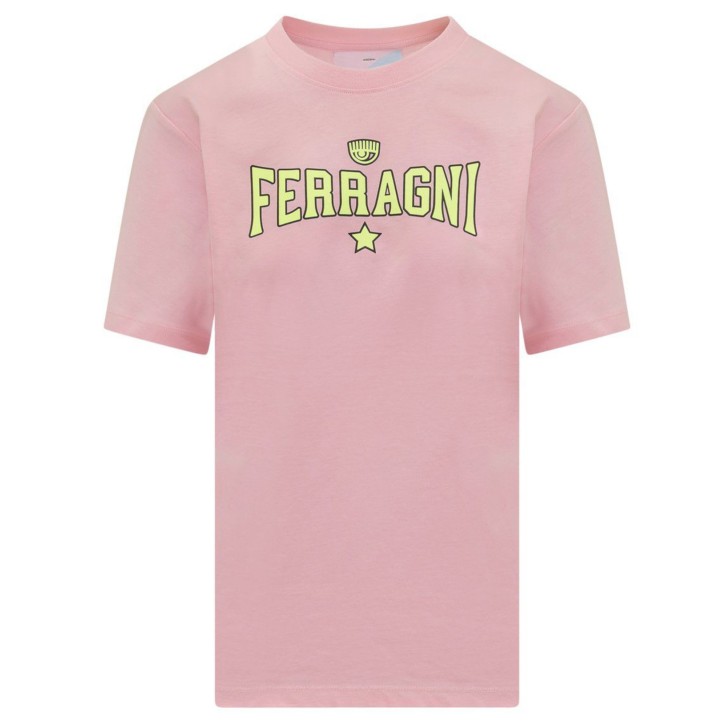 Chiara Ferragni  T-shirt regular fit rosa in cotone a manica corta con logo FERRAGNI giallo fluo stampato 