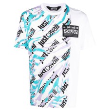 Just Cavalli T-shirt bianca in jersey di cotone a manica corta con logo lettering All Over e stampa