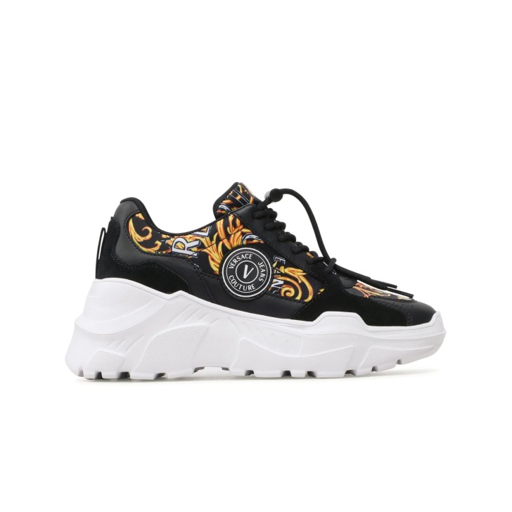 Versace Jeans Couture Sneakers Nere in pelle da Donna con stampa barocco