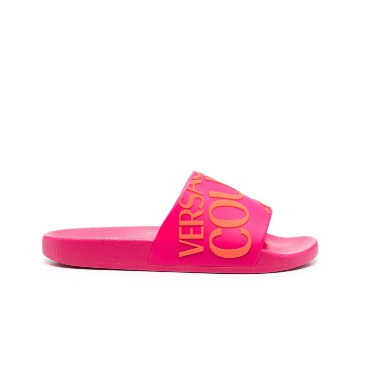 Versace Jeans Couture Ciabatte da Donna fucsia, fascia con logo lettering a contrasto di colore arancione