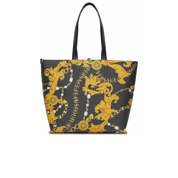 Versace Jeans Couture BORSA SHOPPING BAG A SPALLA NERA CON STAMPA BAROCCO REVERSIBILE CON LOGO LETTERING 