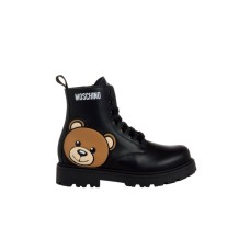 MOSCHINO MAXI TEDDY PATCH ANKLE BOOTS LACE UP BLACK