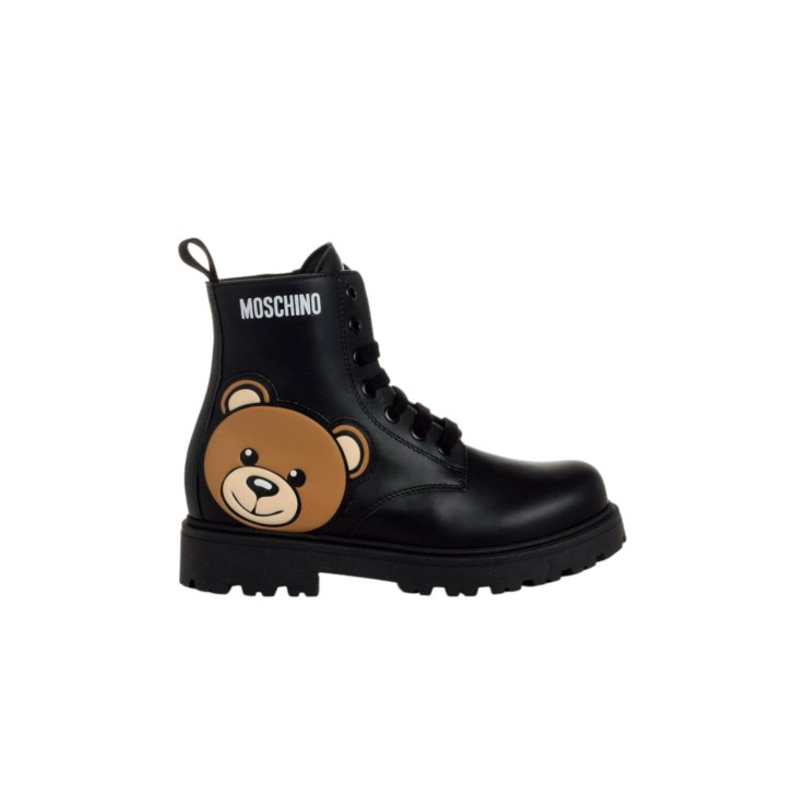 MOSCHINO MAXI TEDDY PATCH ANKLE BOOTS LACE UP BLACK