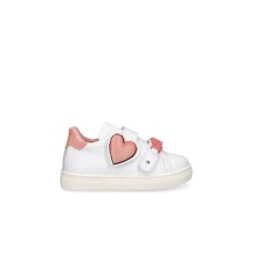 MOSCHINO SNEAKER IN LEATHER WHITE CON PATCH CUORE PINK E LOGO LETTERING IN METALLO PINK