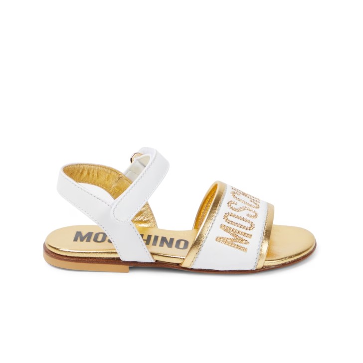 MOSCHINO SANDALO BASSO IN PELLE WHITE CON LOGO LETTERING CON STRASS GOLD