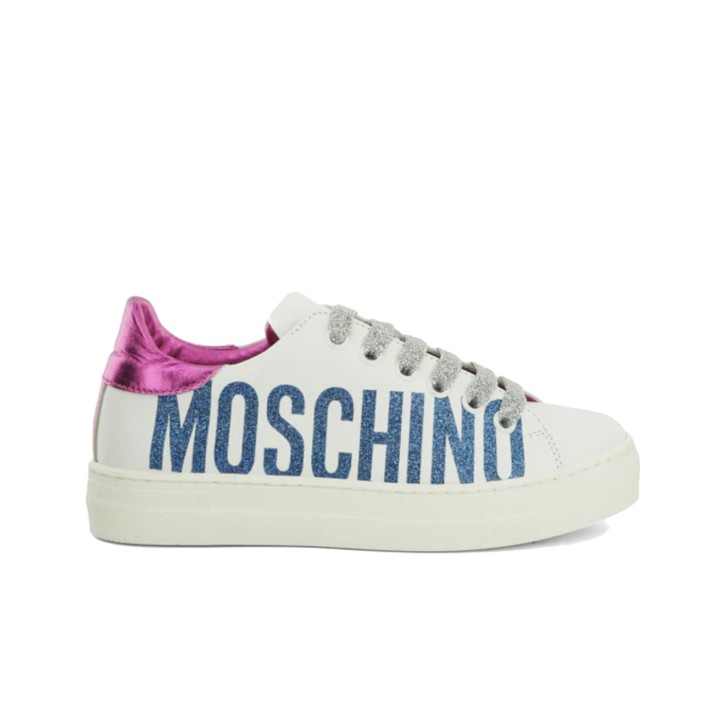 MOSCHINO SNEAKER IN LEATHER WHITE CON LACCI E LOGO LETTERING GLITTER