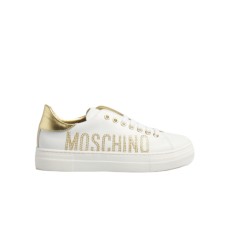MOSCHINO SNEAKER IN LEATHER WHITE CON LOGO LETTERING IN STRASS GOLD