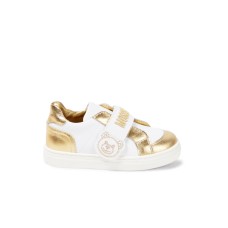 MOSCHINO SNEAKER IN LEATHER WHITE LAMINATA GOLD CON PATCH TEDDY BEAR IN STRASS GOLD E LOGO LETTERING 