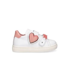 MOSCHINO SNEAKER IN LEATHER WHITE CON PATCH CUORE PINK E LOGO LETTERING IN METALLO PINK