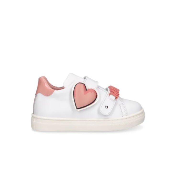 MOSCHINO SNEAKERS BIANCHE CON PATCH CUORE PINK E LOGO LETTERING IN METALLO PINK