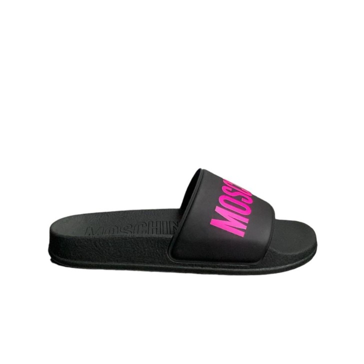 MOSCHINO CIABATTA IN PVC BLACK CON LOGO LETTERING ROSA FLUO