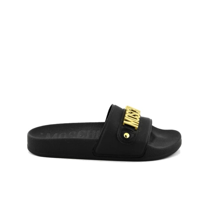 MOSCHINO CIABATTA BLACK UNISEX CON LOGO LETTERING IN METALLO GOLD