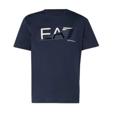 EA7 EMPORIO ARMANI T-SHIRT IN COTONE BLUE A MANICA CORTA CON STAMPA LOGO LETTERING	