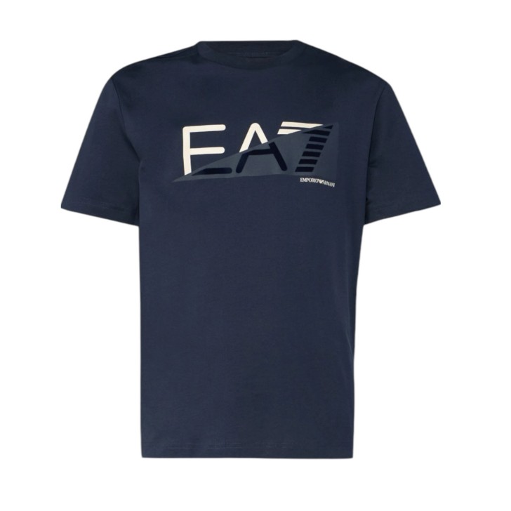 EA7 EMPORIO ARMANI T-SHIRT IN COTONE BLUE A MANICA CORTA CON STAMPA LOGO LETTERING	