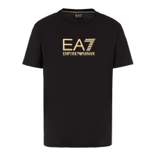 EA7 EMPORIO ARMANI T-SHIRT REGULAR FIT IN JERSEY DI COTONE BLACK A MANICA CORTA CON LOGO LETTERING GOLD