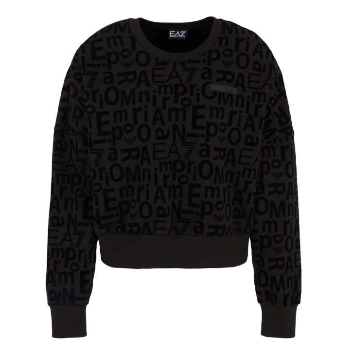 EA7 EMPORIO ARMANI FELPA GIROCOLLO IN COTONE ORGANICO E MODAL STRETCH BLACK CON LOGO LETTERING ALL OVER