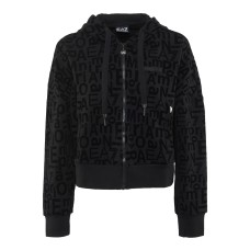 EA7 EMPORIO ARMANI FELPA FULL ZIP CON CAPPUCCIO IN COTONE ORGANICO E MODAL STRETCH BLACK CON LOGO LETTERING ALL OVER