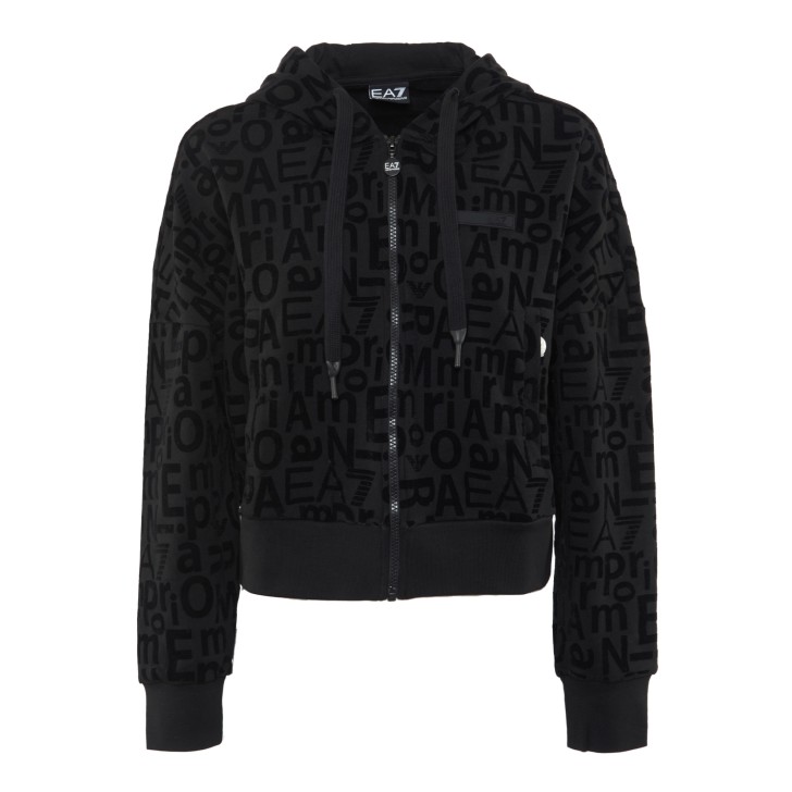 EA7 EMPORIO ARMANI FELPA FULL ZIP CON CAPPUCCIO IN COTONE ORGANICO E MODAL STRETCH BLACK CON LOGO LETTERING ALL OVER