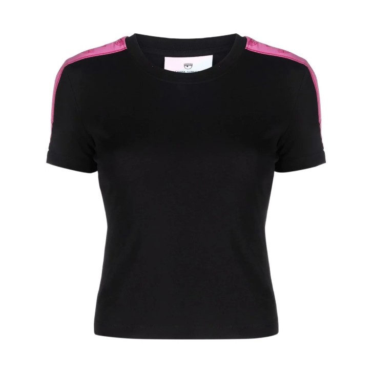 Chiara Ferragni T-shirt a manica corta Nera con banda rosa logata EYE STAR