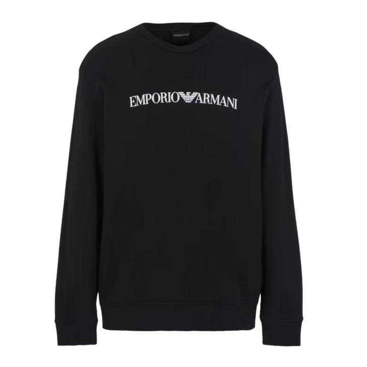 EMPORIO ARMANI FELPA BLACK IN MISTO MODAL CON STAMPA LOGO LETTERING WHITE 