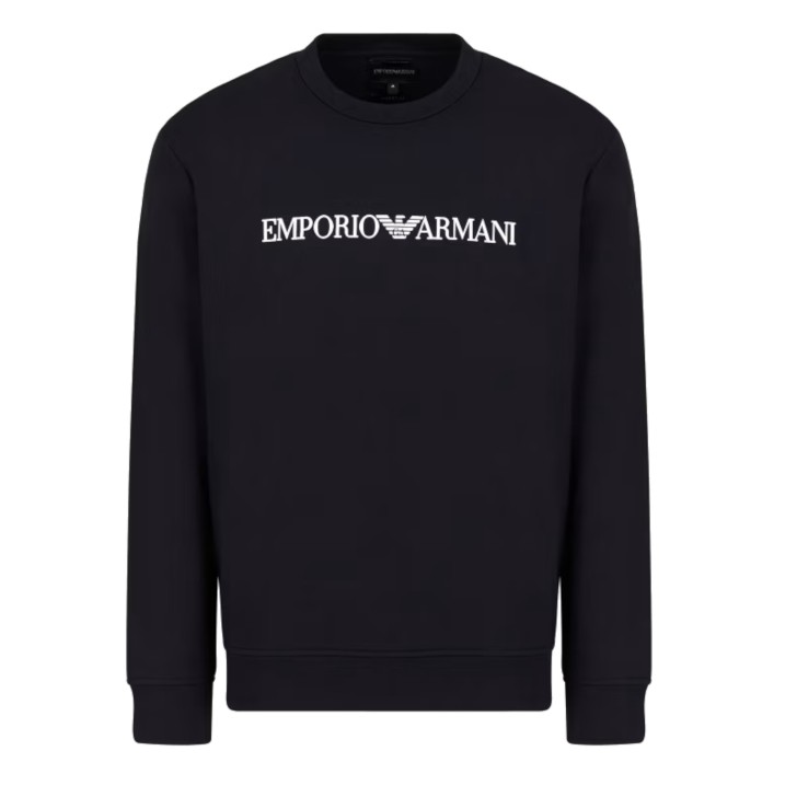 EMPORIO ARMANI FELPA BLU NAVY IN MISTO MODAL CON STAMPA LOGO LETTERING WHITE	