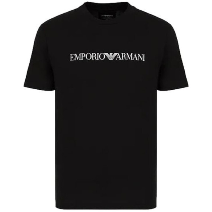 EMPORIO ARMANI T-SHIRT A MANICA CORTA BLACK IN JERSEY PIMA CON STAMPA LOGO LETTERING WHITE